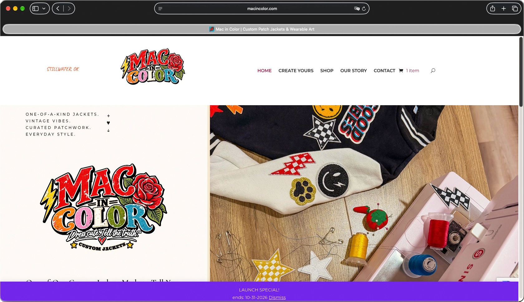 Mac in Color custom WordPress and WooCommerce website designed by Atomic Puppies, featuring branded navigation, colorful jacket imagery, and an online storefront.